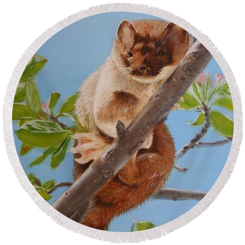 Weasel Round Beach Towel featuring the painting The Weasel by Tammy Taylor