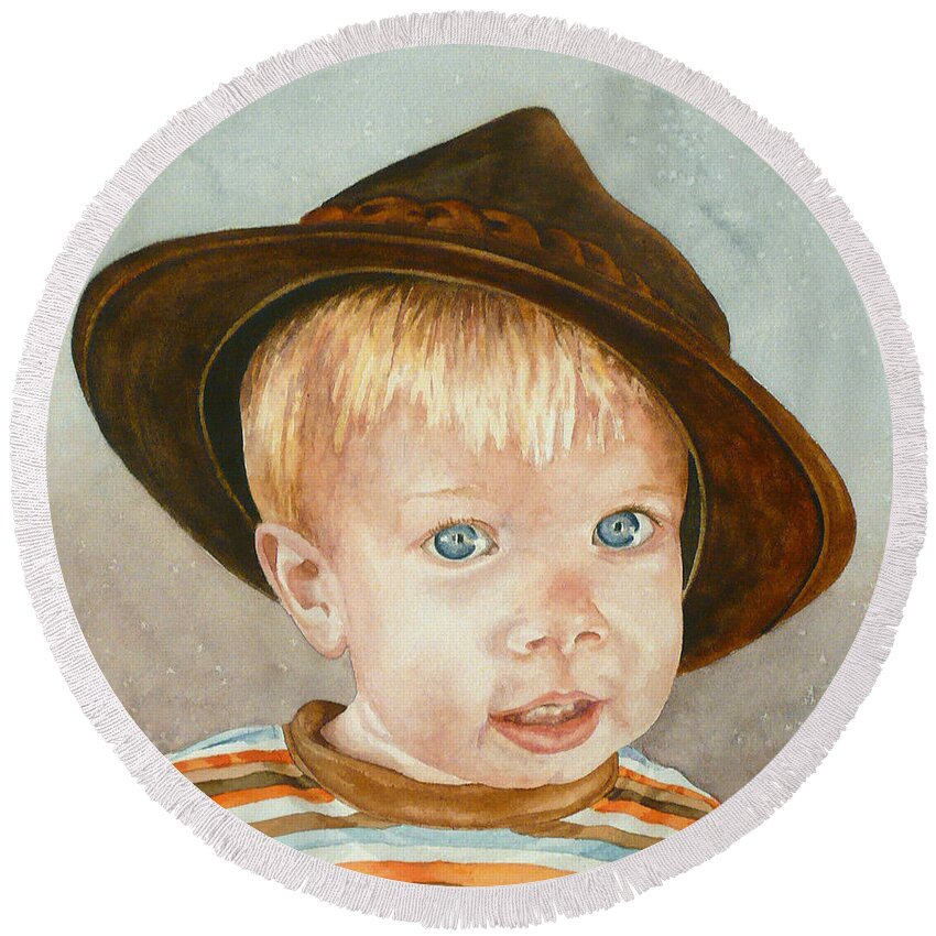 Child Painting Round Beach Towel featuring the painting Theo by Anne Gifford