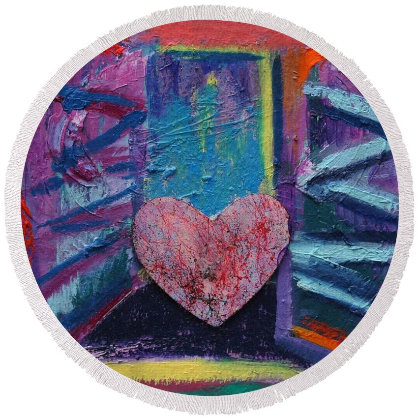 Abstract Round Beach Towel featuring the painting This Heart wants Out by Karin Eisermann