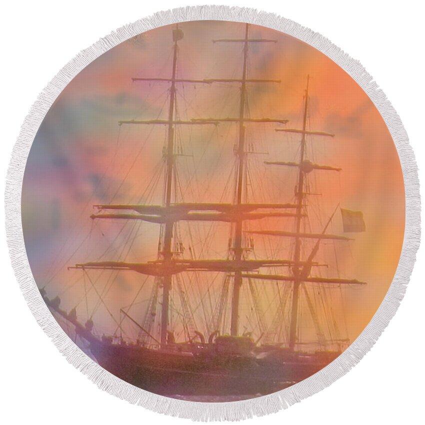 Ship Round Beach Towel featuring the photograph Three Master At Sunset by Ian MacDonald