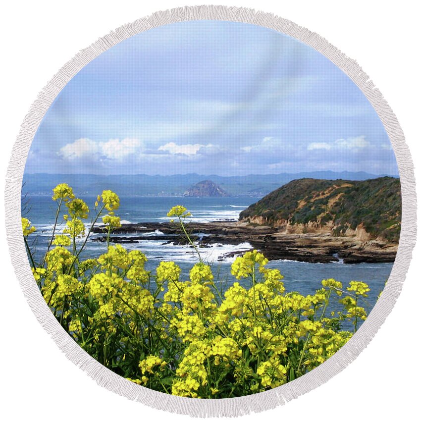Landscape Round Beach Towel featuring the photograph Through Yellow Flowers by Lorraine Devon Wilke
