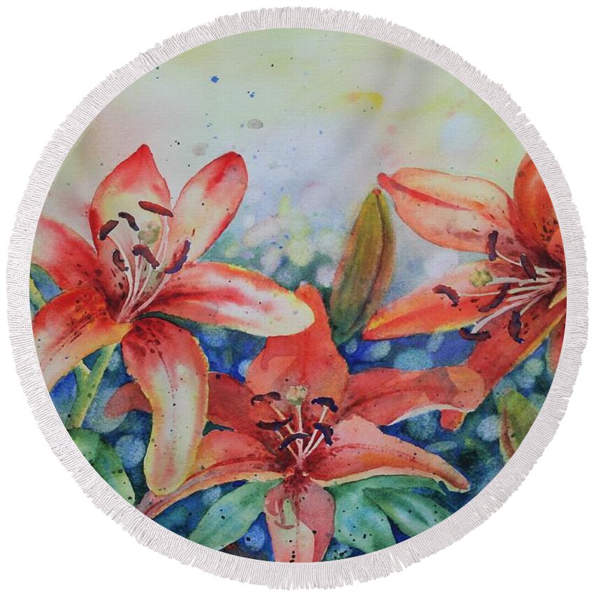 Flowers Round Beach Towel featuring the painting Tiger Lily by Ruth Kamenev