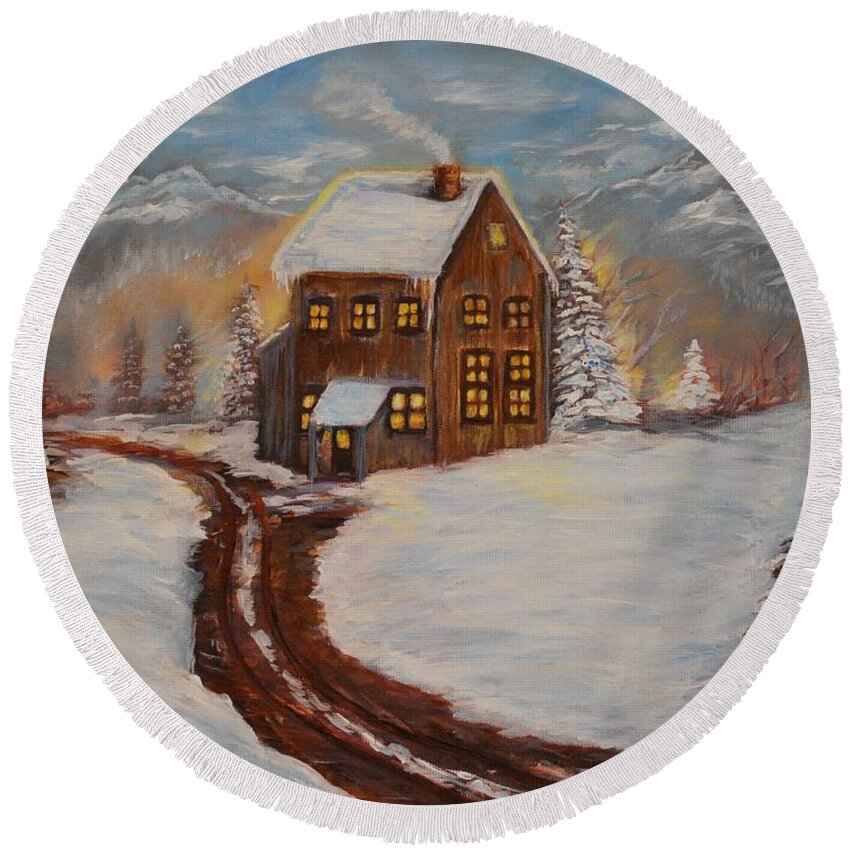 Log Cabin Round Beach Towel featuring the painting Toasty Cabin by Leslie Allen