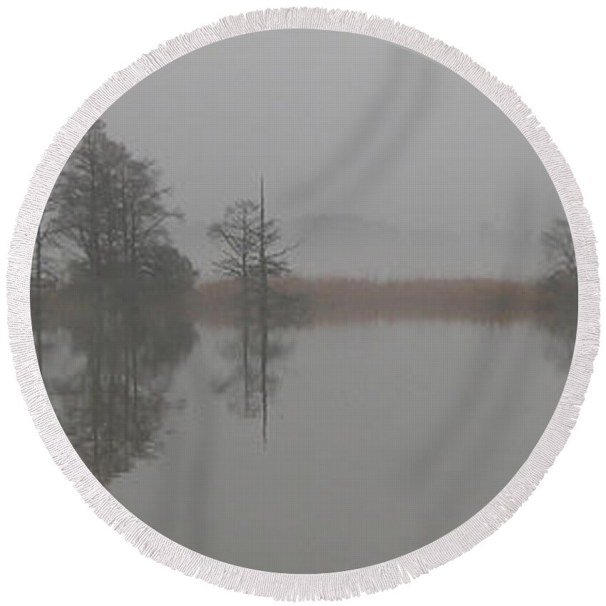 Trees In The Mist Panorama Round Beach Towel featuring the digital art Trees in the mist panorama by Claude McCoy