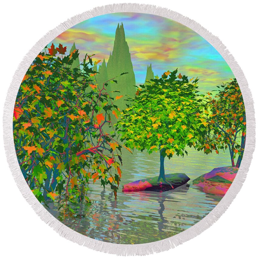 Trees Round Beach Towel featuring the painting Trees On Rocks In A Lake by Susanna Katherine