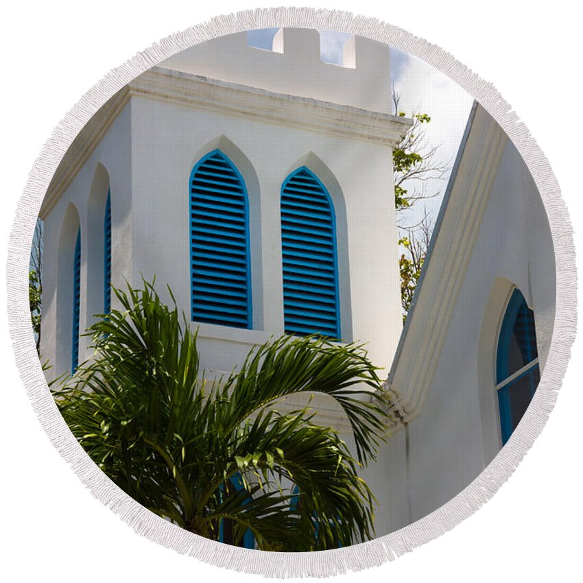 Architecture Round Beach Towel featuring the photograph Trinity Presbyterian Church Tower by Ed Gleichman