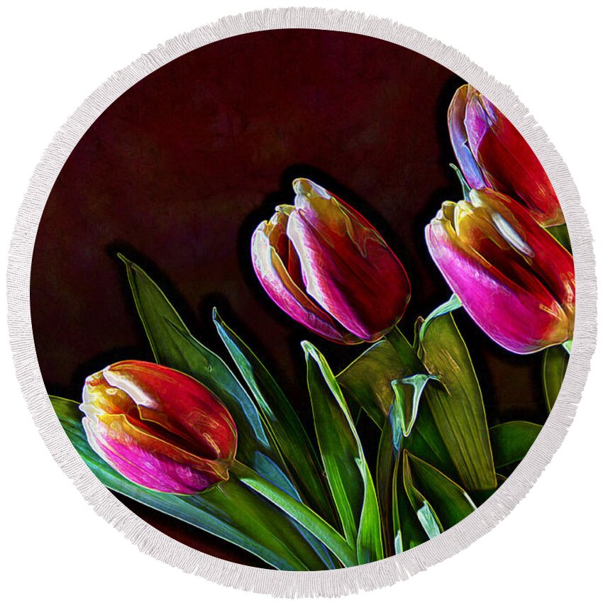 Flower Round Beach Towel featuring the photograph Tulip Traced Incandescence by Bill and Linda Tiepelman