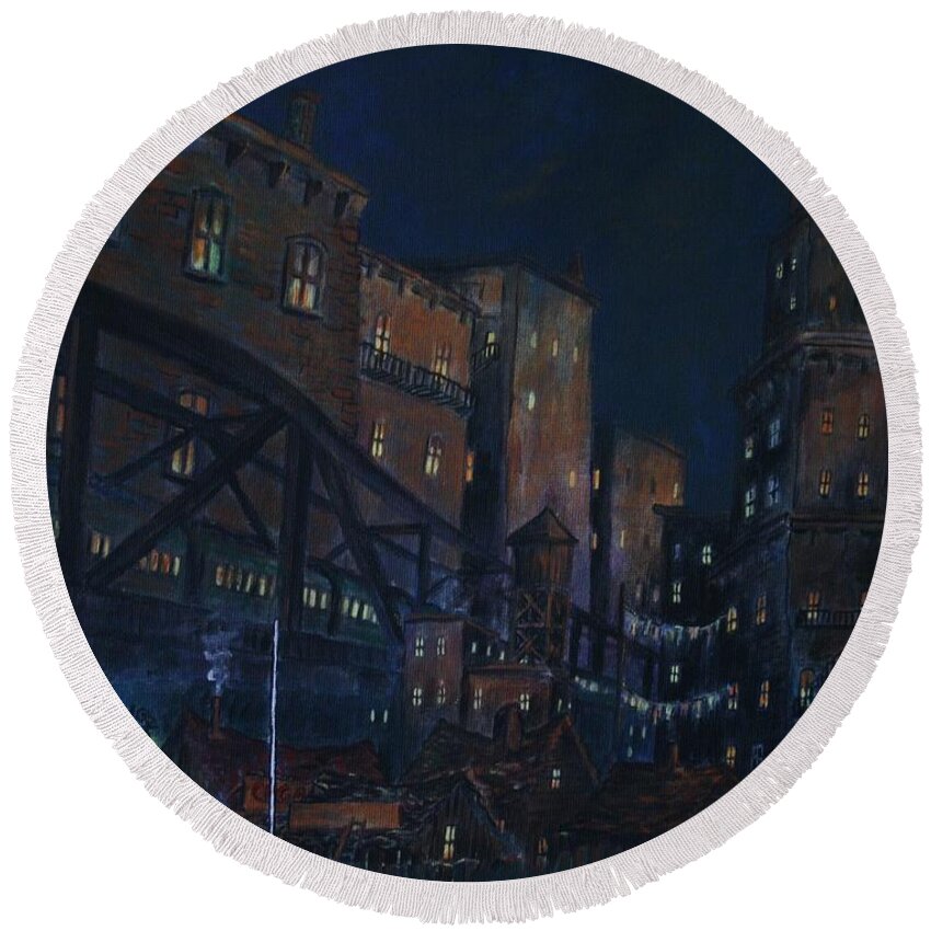 City Art Round Beach Towel featuring the painting Twilight in Left Field by William Bezik
