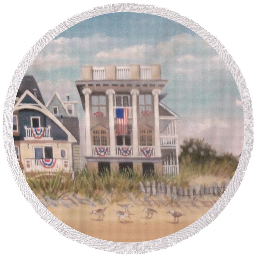 Beach Round Beach Towel featuring the painting Two Different Houses On The Beach by Madeline Lovallo