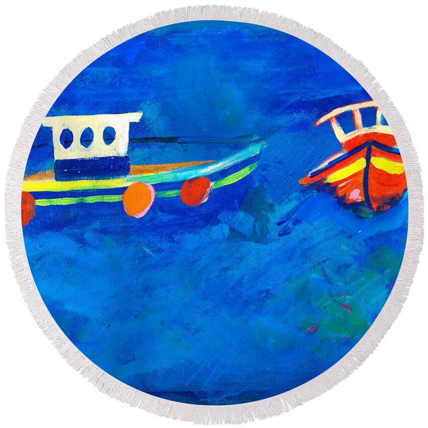 Painting Round Beach Towel featuring the painting Two fishing boats at sea by Simon Bratt