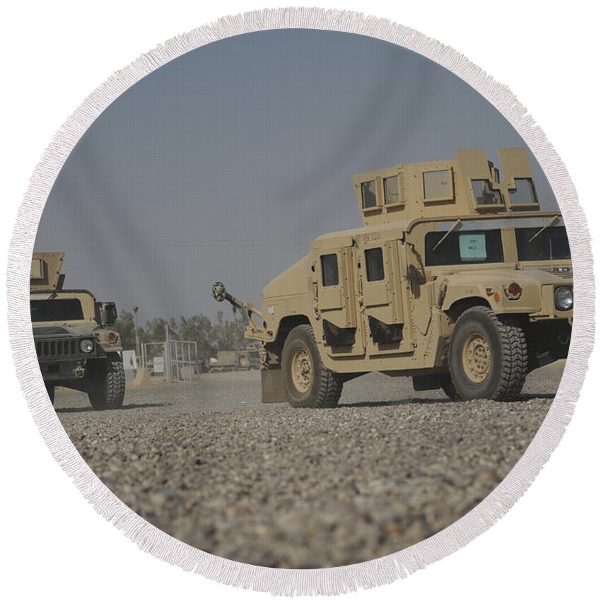 Horizontal Round Beach Towel featuring the photograph Two M1114 Humvee Vehicles At Camp Taji by Stocktrek Images