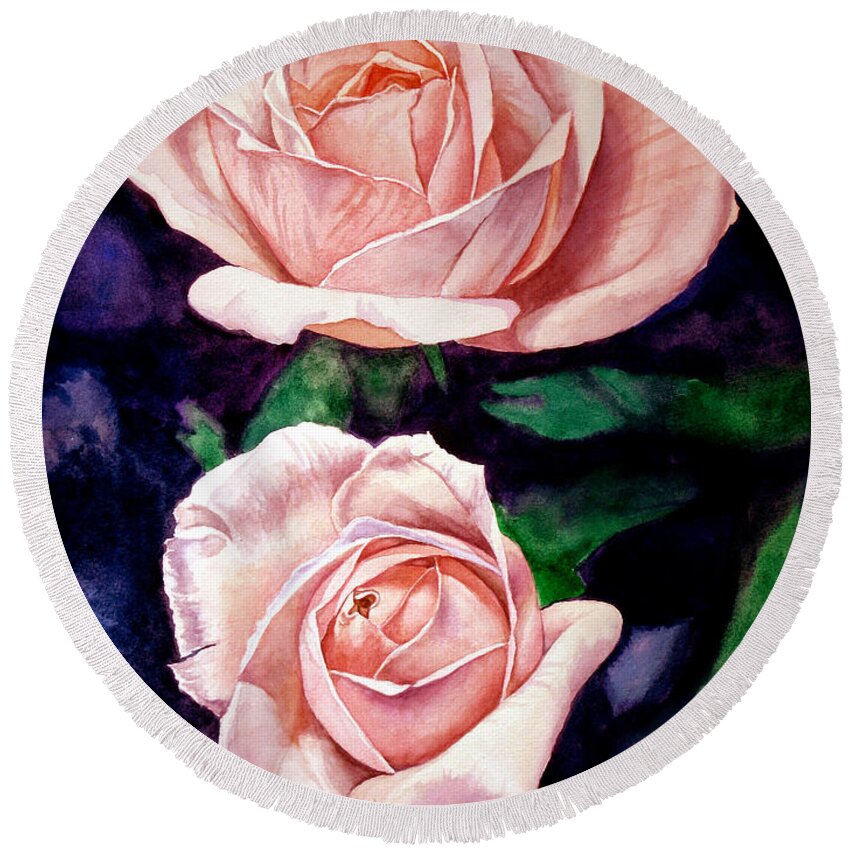 Rose Round Beach Towel featuring the painting Two Roses by Christopher Shellhammer