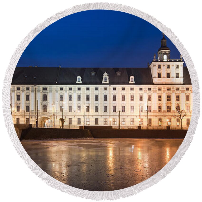 University Of Wroclaw Round Beach Towel featuring the photograph University of Wroclaw at Night by Sebastian Musial