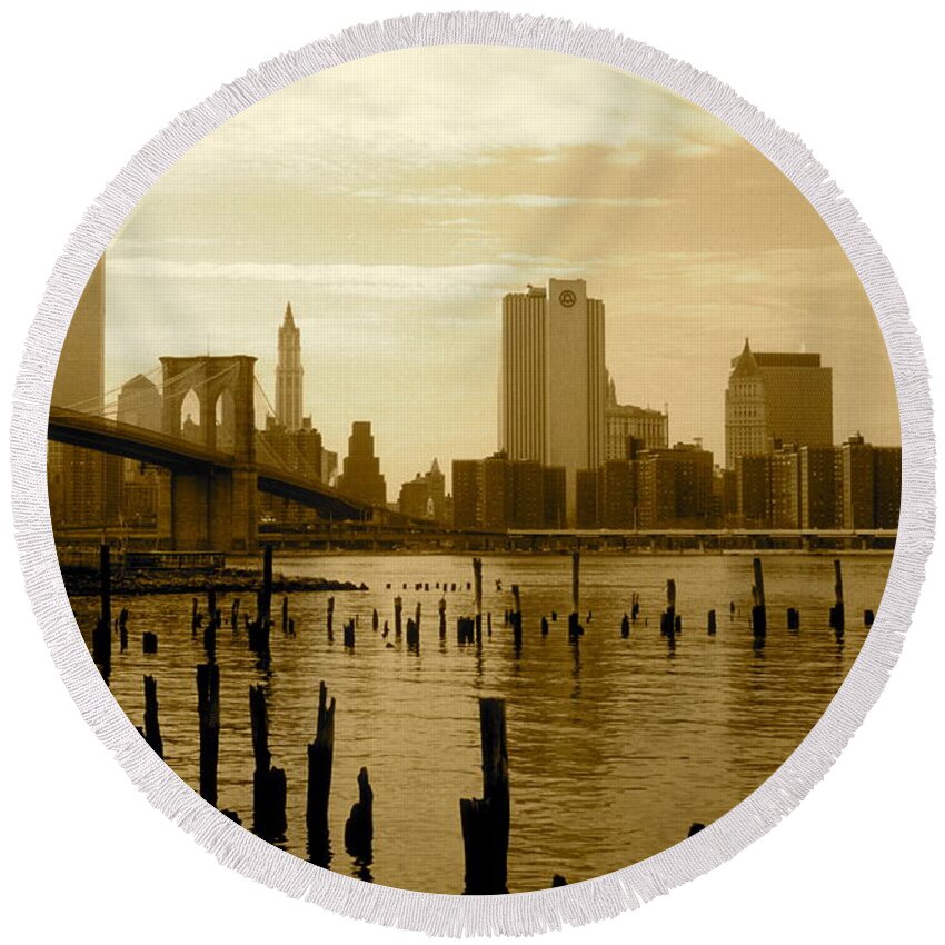 Wtc Round Beach Towel featuring the photograph View From Brooklyn Bridge Park by Mark Gilman