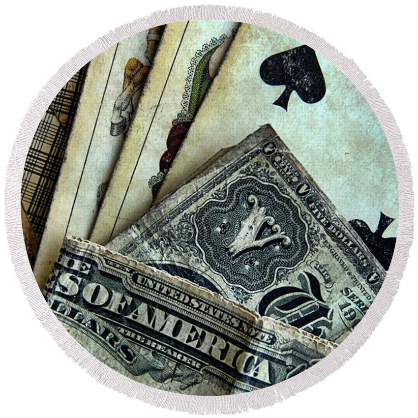 Cards Round Beach Towel featuring the photograph Vintage Playing Cards and Cash by Jill Battaglia