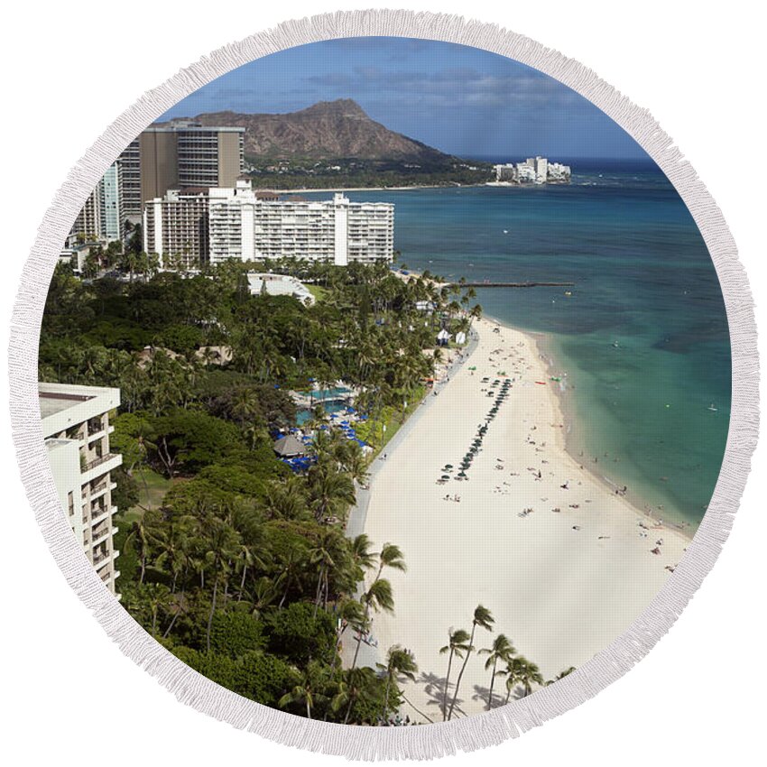 Aerial Round Beach Towel featuring the photograph Waikiki and Diamond Head II by Peter French