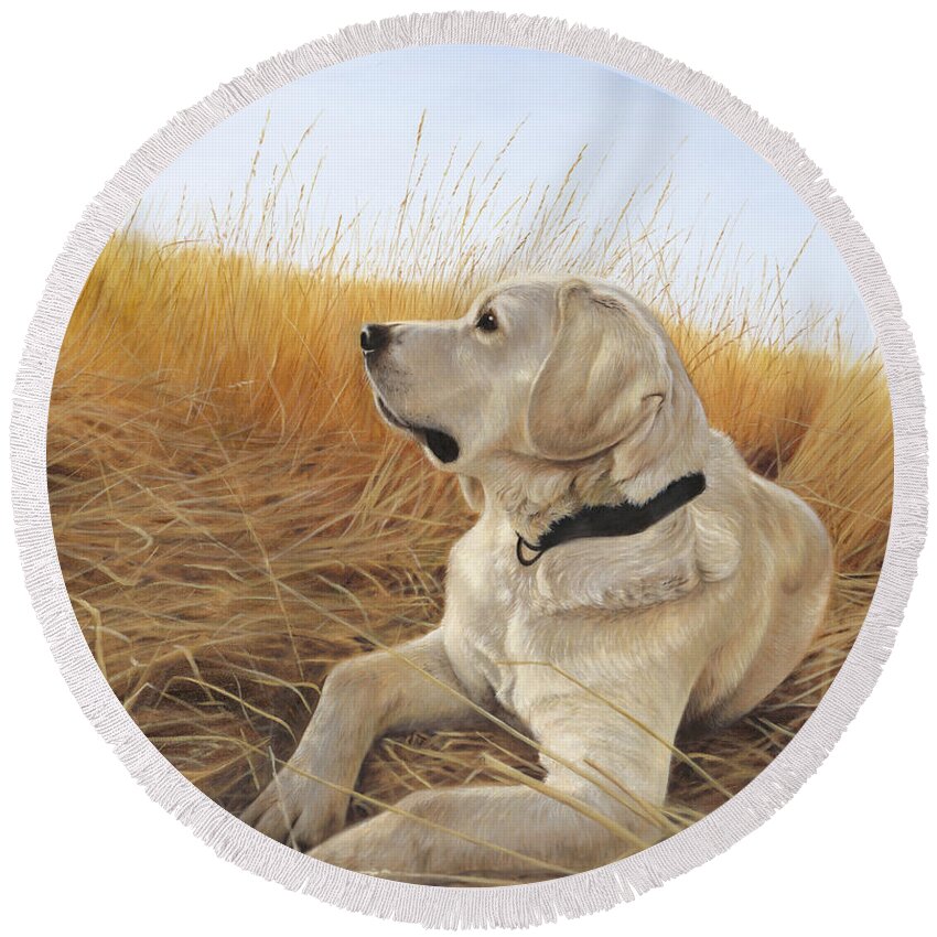 Yellow Lab Round Beach Towel featuring the painting Waiting For The Birds by Tammy Taylor