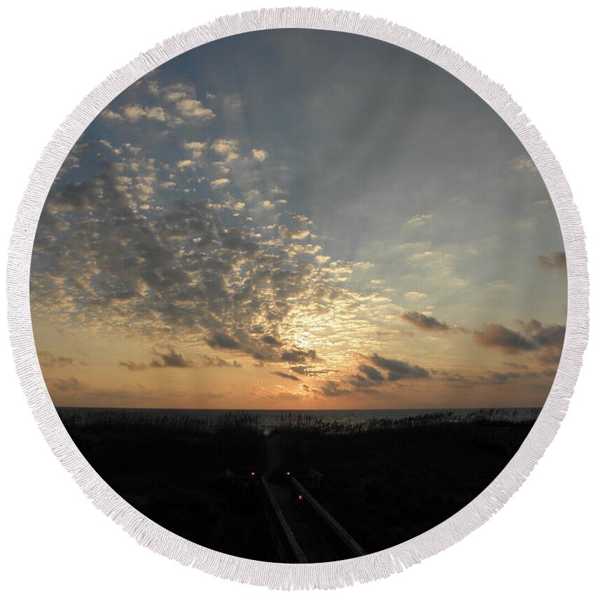 Sunrise Round Beach Towel featuring the photograph Walkway To The Rise by Kim Galluzzo