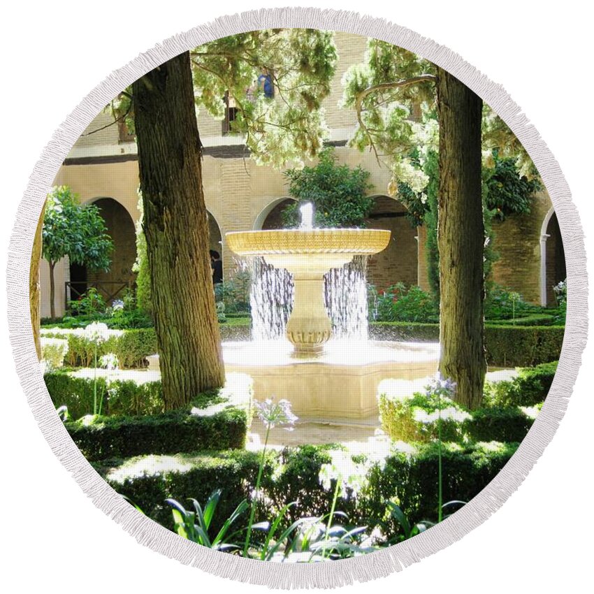 Water Round Beach Towel featuring the photograph Water Fountain With Sunlight Shinning Thru It Granada Spain by John Shiron