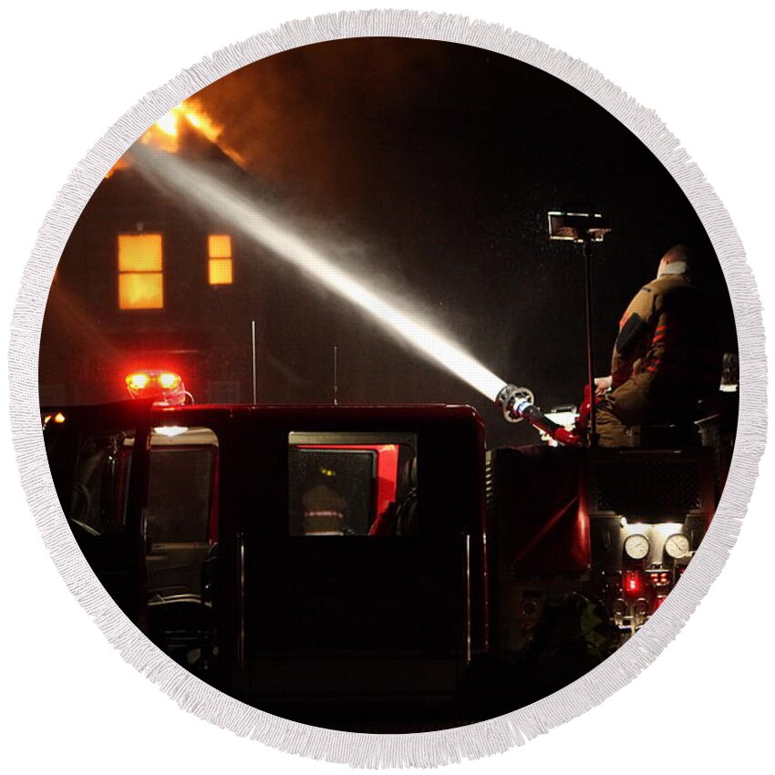 Fire Round Beach Towel featuring the photograph Water On The Fire From Pumper Truck by Daniel Reed