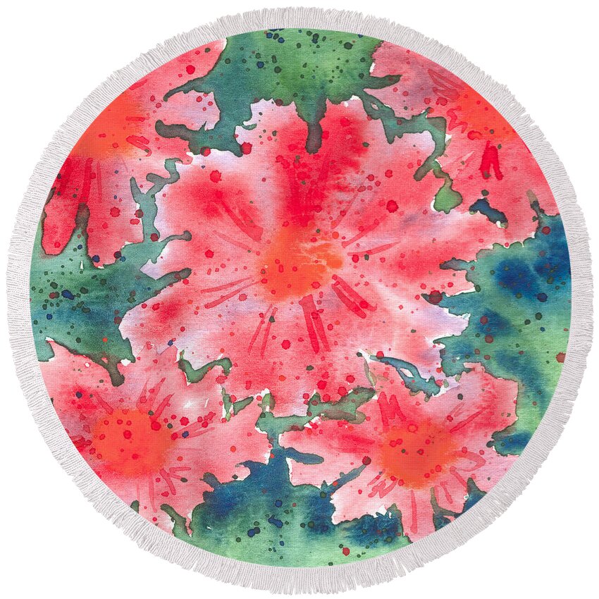 Artoffoxvox Round Beach Towel featuring the painting Watercolor Flowers by Kristen Fox