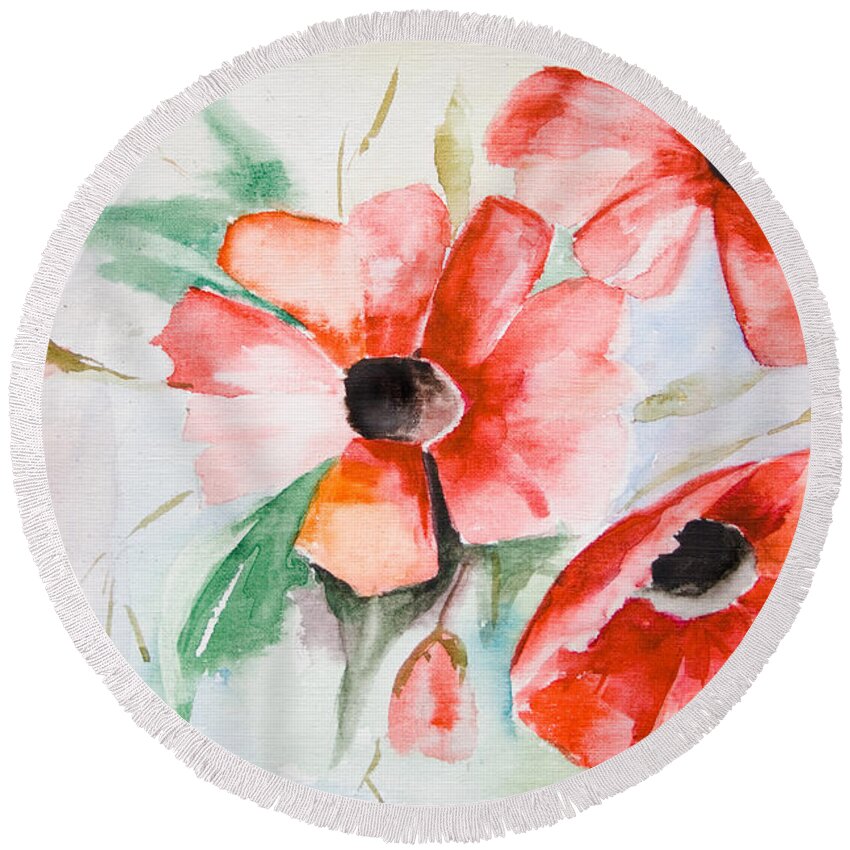Backdrop Round Beach Towel featuring the painting Watercolor Poppy flower by Regina Jershova