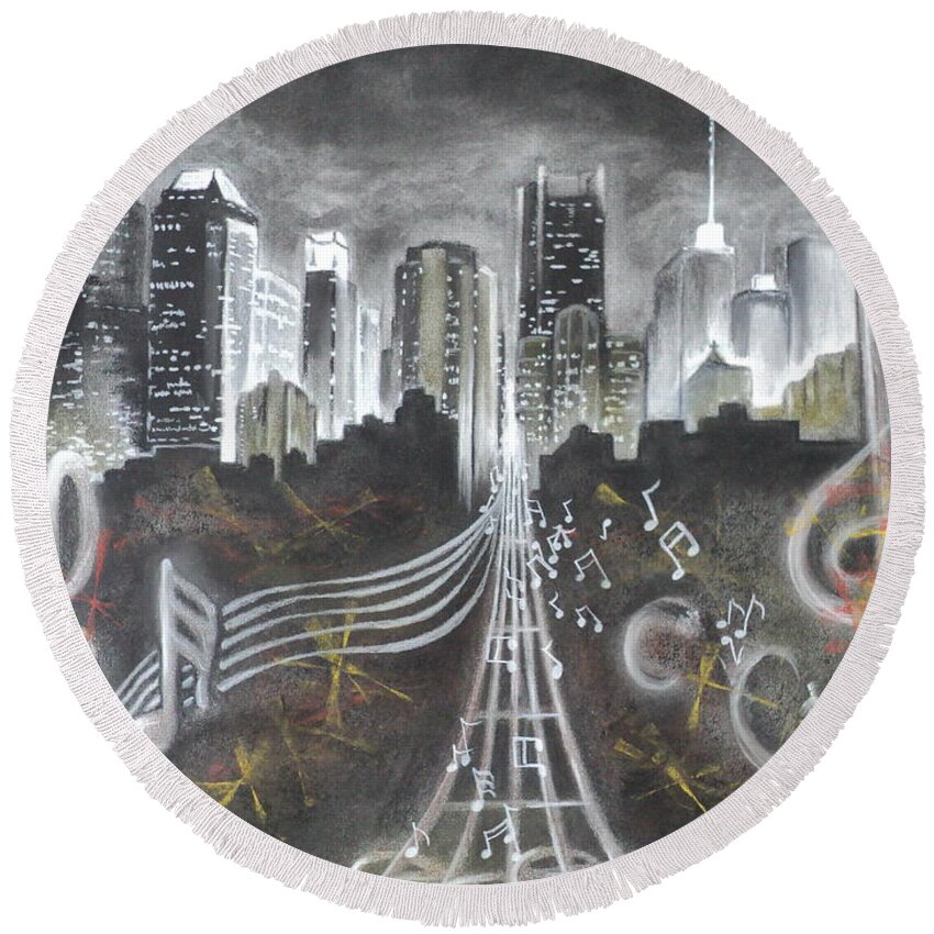Citiy Round Beach Towel featuring the drawing Where the Music Never Sleeps by Carla Carson
