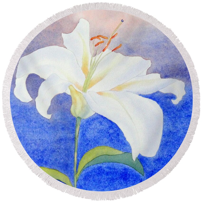 White Round Beach Towel featuring the painting White Lily by Laurel Best
