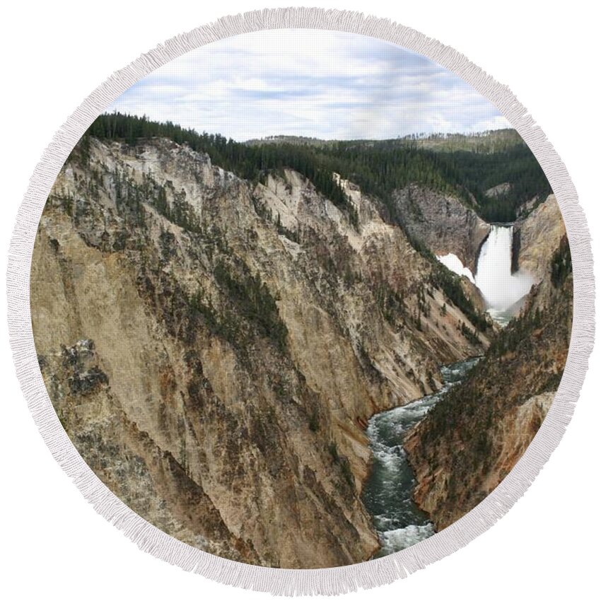 Lower Falls Round Beach Towel featuring the photograph Wide View Of The Lower Falls In Yellowstone by Living Color Photography Lorraine Lynch