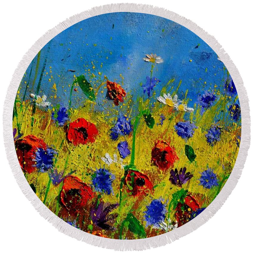 Poppies Round Beach Towel featuring the painting Wild Flowers 119010 by Pol Ledent