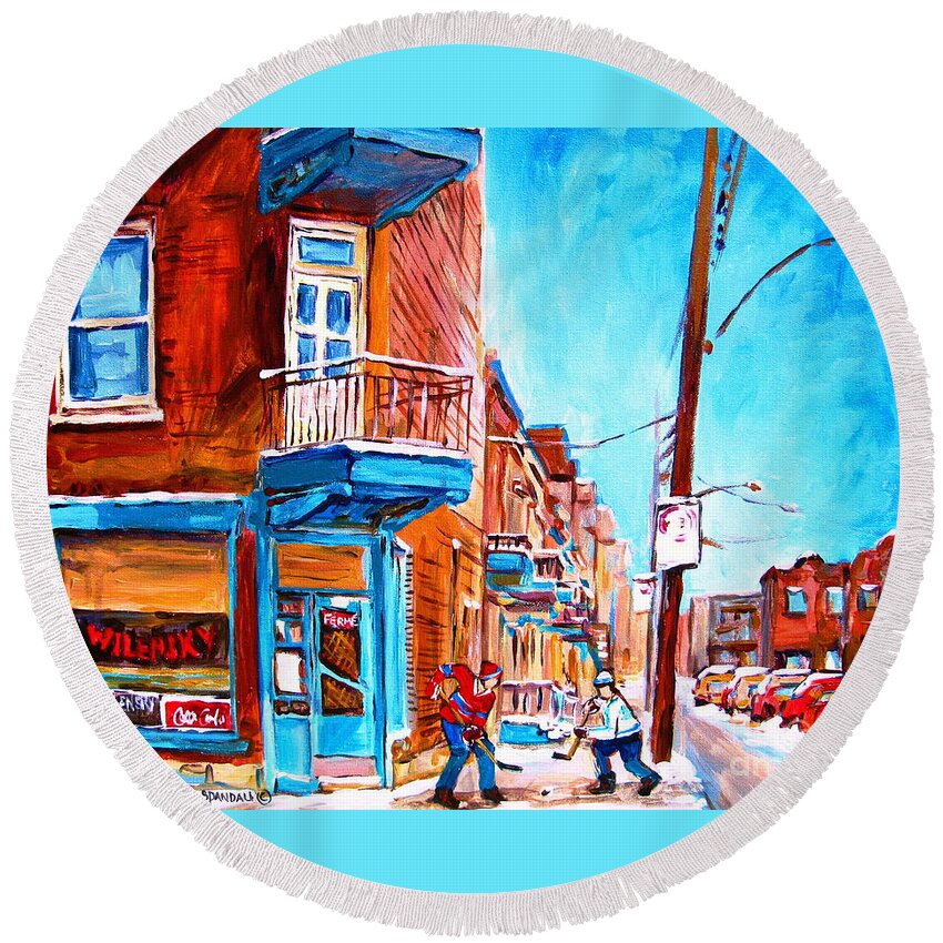 Cityscape Round Beach Towel featuring the painting Wilensky Corner by Carole Spandau