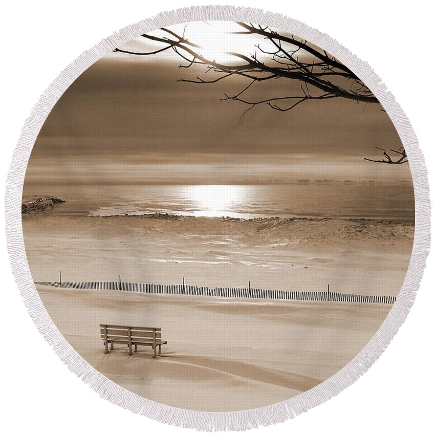 Algoma Round Beach Towel featuring the photograph Winter Beach Morning sepia by Bill Pevlor