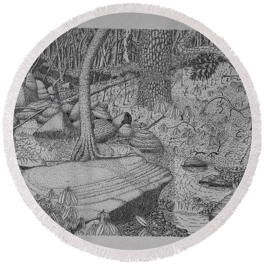 Nature Round Beach Towel featuring the drawing Woodland Stream by Daniel Reed