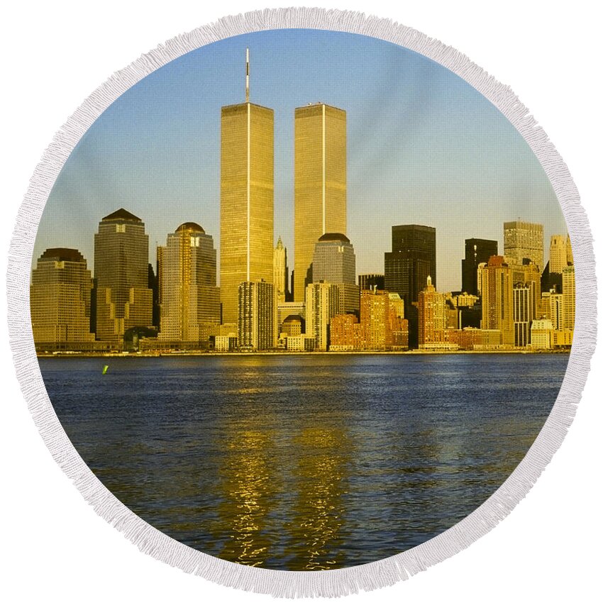 Twin Towers Round Beach Towel featuring the photograph World Trade Center 1987 by Frank Winters