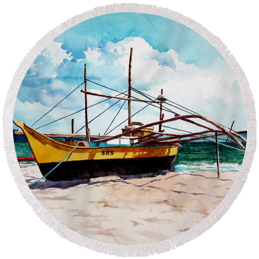 Boat Round Beach Towel featuring the painting Yellow Boat Docking on the Shore by Christopher Shellhammer