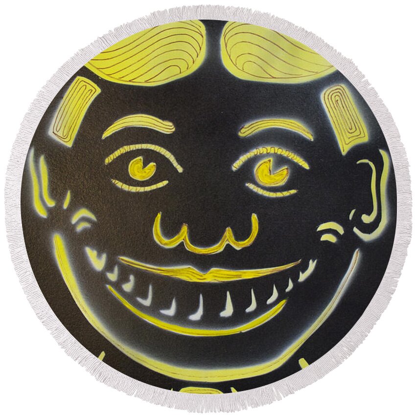 Tillie Of Asbury Park Round Beach Towel featuring the painting Yellow on Black Tillie by Patricia Arroyo