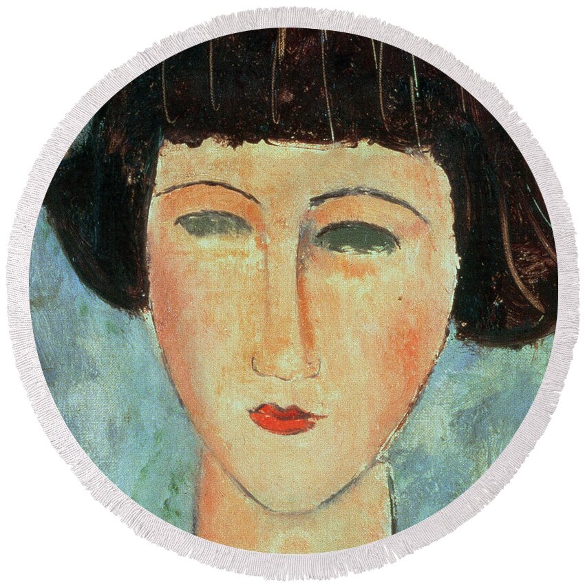 Portrait; Female; Girl; Face; Close-up Round Beach Towel featuring the painting Young Brunette by Modigliani