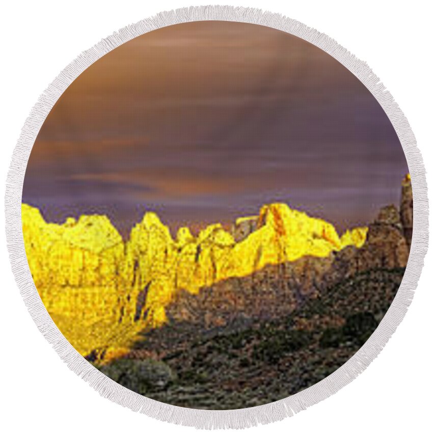 Zion Round Beach Towel featuring the photograph Zion National Park Dawn behind the visitors' center by Fred J Lord