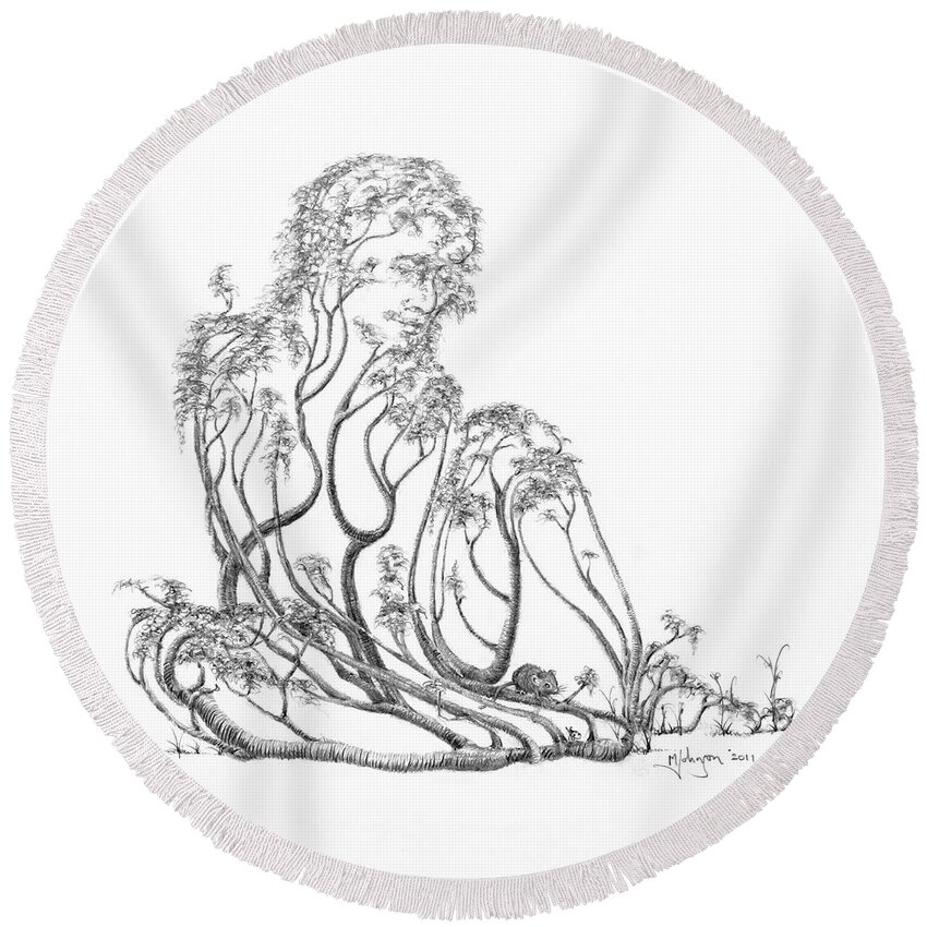 Tree Dancer Round Beach Towel featuring the drawing A Little Visit by Mark Johnson