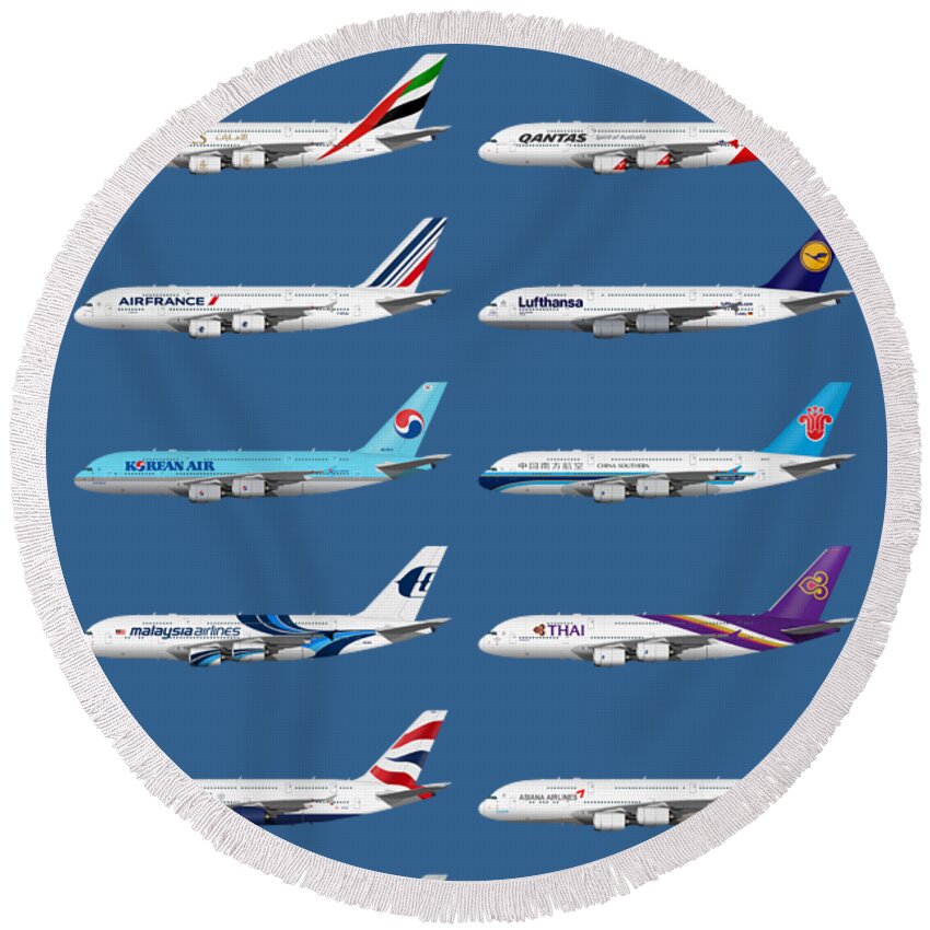 Airbus A380 Round Beach Towel featuring the digital art Airbus A380 Operators Illustration - Blue Version by Steve H Clark Photography