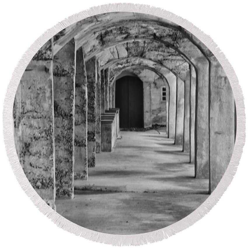 Moravian Round Beach Towel featuring the photograph Archway at Moravian Pottery and Tile Works in Black and White by Bill Cannon
