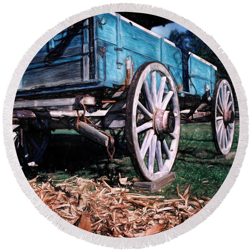 Farm Round Beach Towel featuring the photograph Blue Wagon by David and Carol Kelly