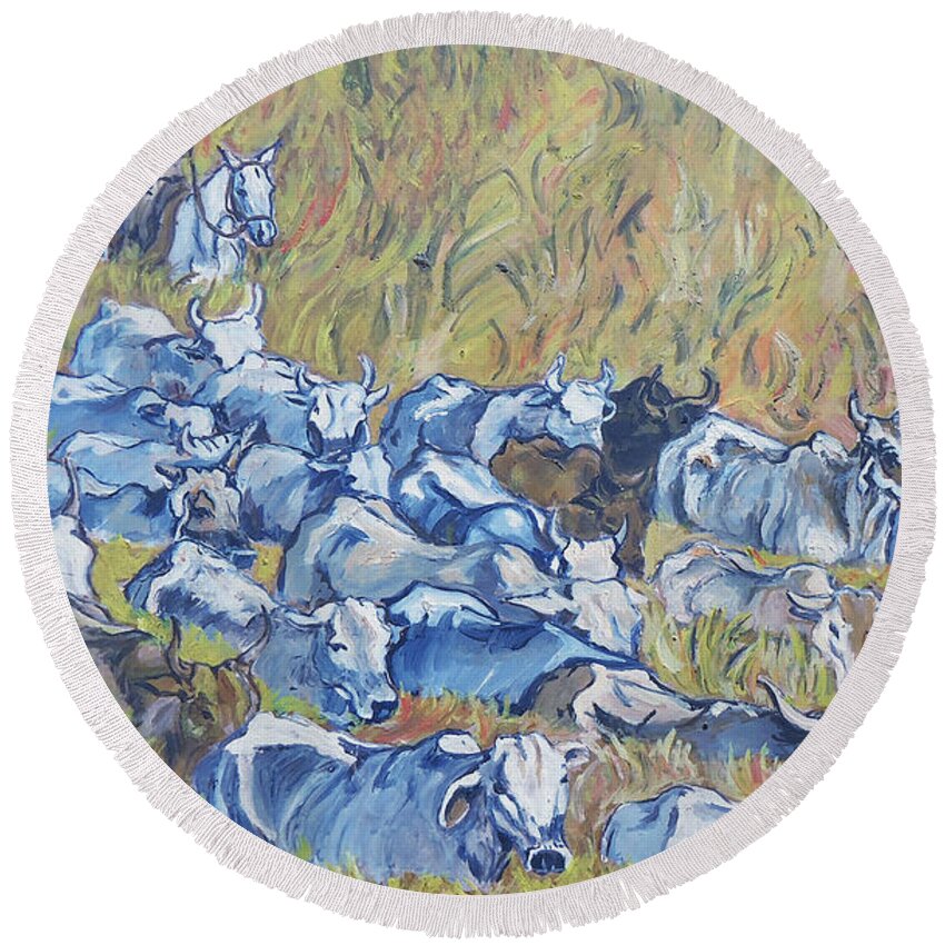 The Tall Grass Makes It Hard For This Gaucho To Herd His Cattle. Gaucho Round Beach Towel featuring the painting  Gaucho Roundup by Charme Curtin