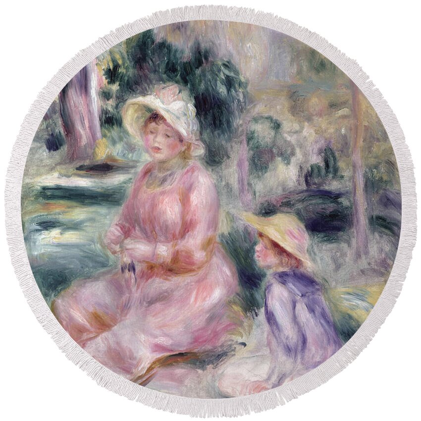 Impressionist; Portrait; Mother And Child; Boy; Sun Hat; Garden; Fils Round Beach Towel featuring the painting Madame Renoir and Her Son Pierre by Pierre Auguste Renoir