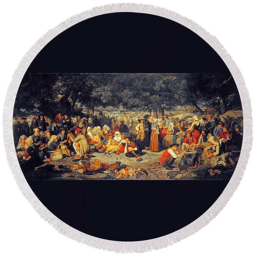 Pierre-charles Poussin - Pardon Day In Brittany 1851 Round Beach Towel featuring the painting Pardon Day in Brittany by MotionAge Designs
