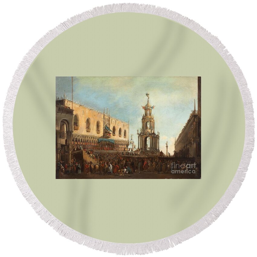Antonio Canal Round Beach Towel featuring the painting The Doge At The Celebration Of The Gioved Grasso At The Piazzetta by MotionAge Designs