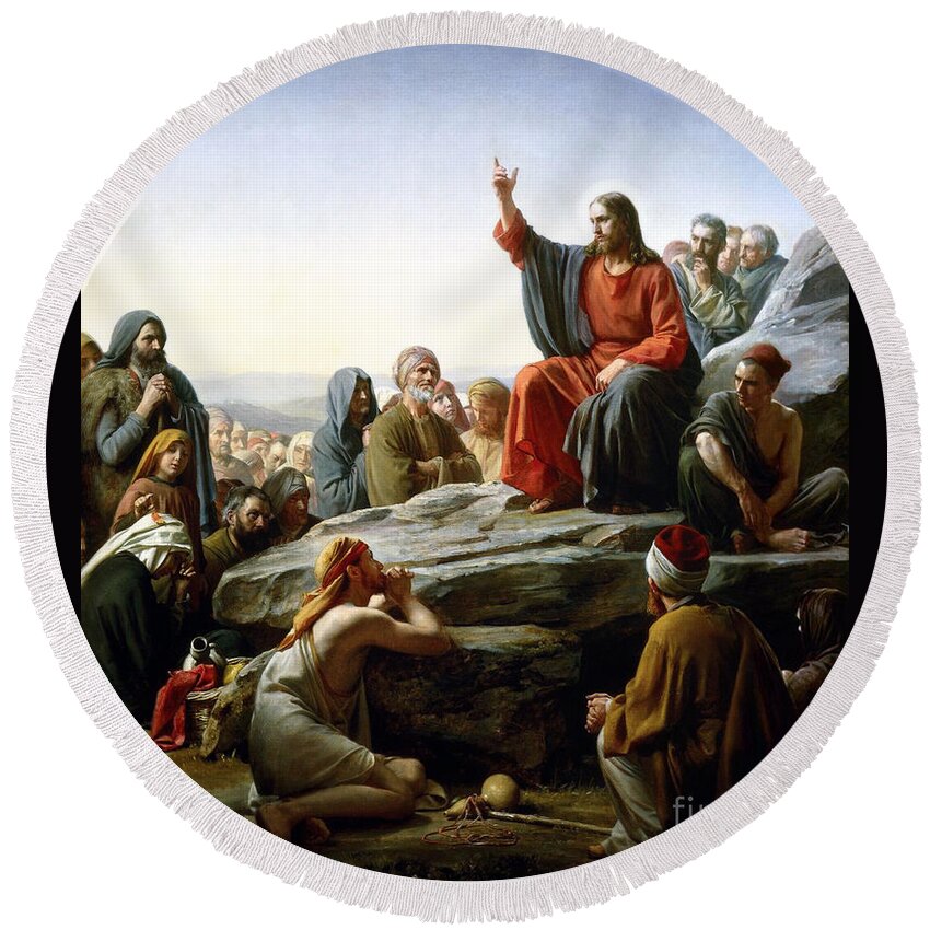 A 19th-century Painting Depicting The Sermon On The Mount Round Beach Towel featuring the painting the Sermon on the Mount by Celestial Images
