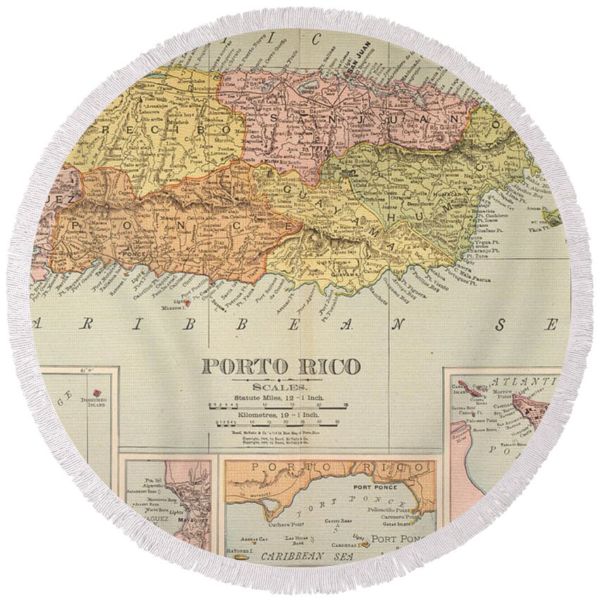 1900 Round Beach Towel featuring the painting Map: Puerto Rico, 1900 #0065389 by Granger