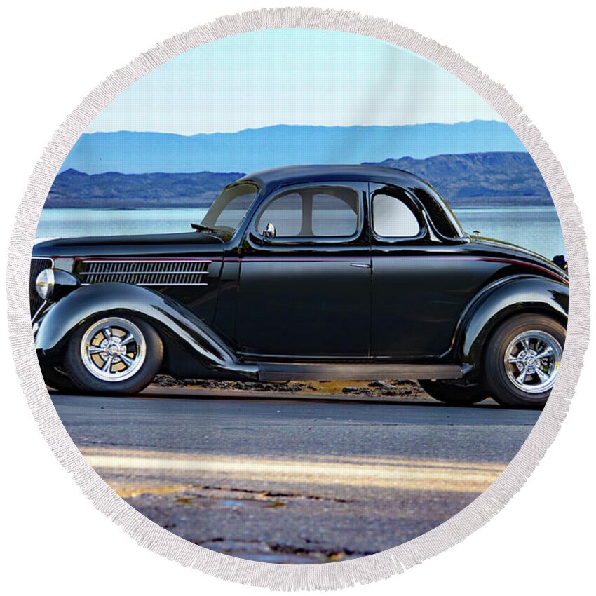 Auto Round Beach Towel featuring the photograph 1936 Ford Five-Window Coupe by Dave Koontz