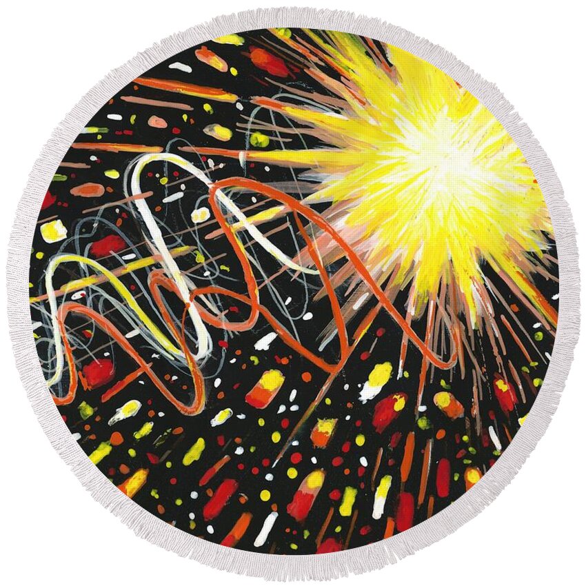 #holidays #independenceday #4thofjuly #sparklers #fireworks #abstract #entrance #courtyard #contemporary #explosion #fluidabstracts Round Beach Towel featuring the painting 4th of July by Allison Constantino